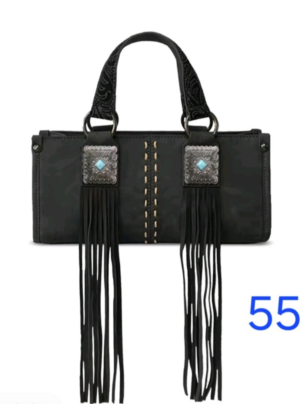 Black Fringe Accent Women's Handbag with Turquoise Concho Details